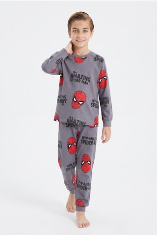 Bunny Hopp Erkek Çocuk Uzun Kollu Pijama Takımı %100 Pamuk Kırmızı Maske Desenli Penye Gri