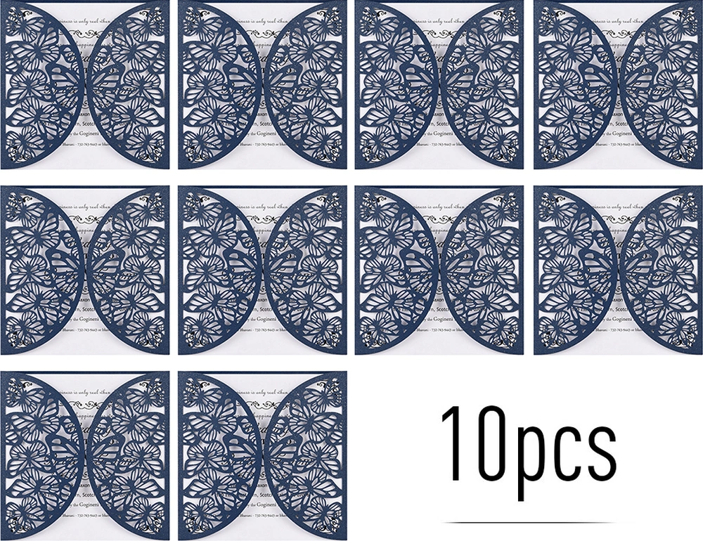 Dianziye 10'lu Deniz Mavisi Davetiye Seti - Zırhlı Kapak + İç Kart, Gelinlik-düğün-doğum Günü, Nakışlı Desenli, İnci Kağıt, Özel Etkili Davetler