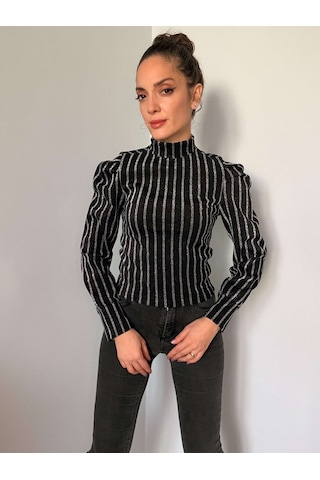 Ali Butik Siyah Simli Gümüş Çizgili Karpuz Kol Bluz Siyah