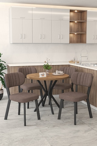 Gnr 90cm Sabit Atlantik Mutfak Masası Takımı, Yemek Masası, 4 Modern Kahverengi Sandalye Kahverengi