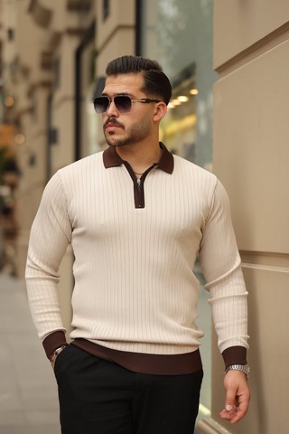 Modi Erkek Kol Ve Yaka Detaylı Uzun Kollu Triko Açık Bordo - Siyah