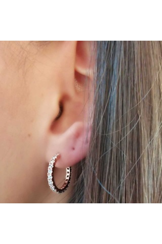 Halka Gümüş Küpe Zirkon Taşlı Rose Orta