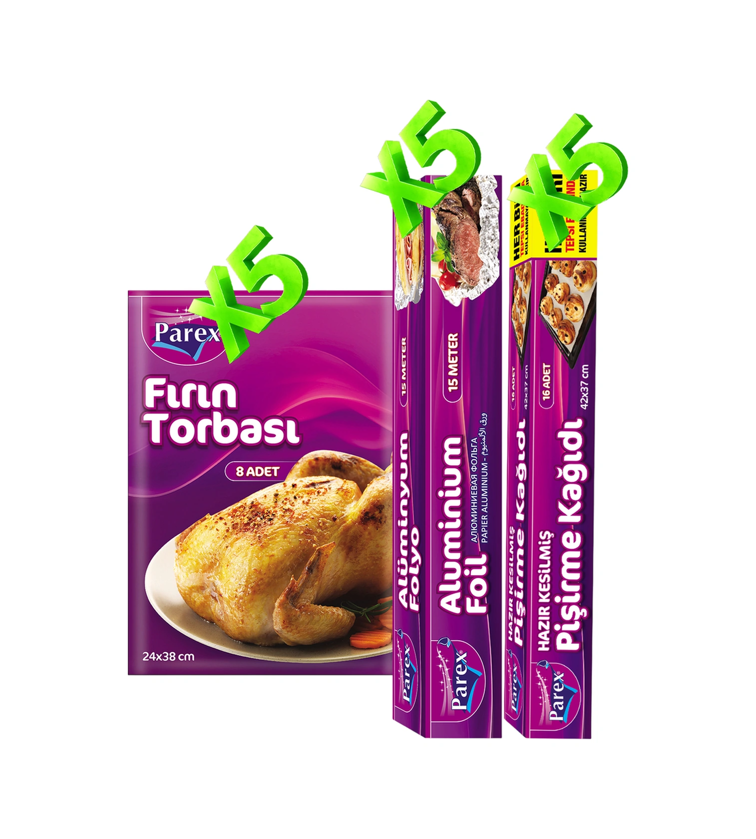 Kesilmiş Pişirme Kağıdı, Fırın Torbası Ve Alüminyum Folyo 5'er Paket Set