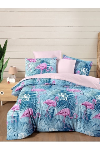 Mystory Home Lastikli Çarşaflı Çift Kişilik Nevresim Takımı Flamingo Mor - Pembe
