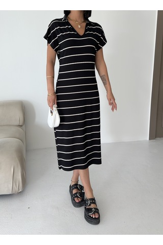Kadın Pamuklu Polo Yaka Çizgili Elbise Siyah
