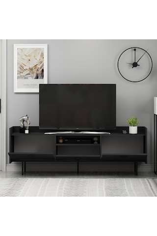 T0015 Lidya Kapaklı, Açık Raflı Tv Sehpası - Ahşap Siyah Ahşap Siyah