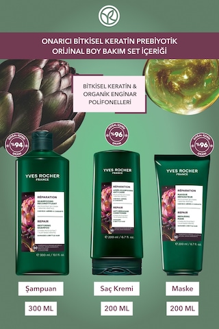 Yves Rocher Onarıcı Bitkisel Keratin Prebiyotik Orijinal Boy Bakım Seti -şampuan 300 Ml & Saç Kremi 200 Ml & Mas