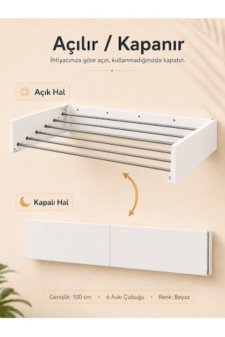 Çamaşır Kurutma Askılığı Katlanır Duvara Monte Balkon Banyo Askılık Duvar Tipi Yer Tasarruflu Çamaşırlık 70 Cm Belize Beyaz