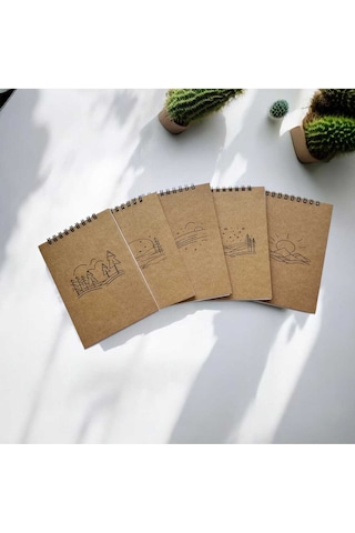 5'li Kraft Defter Set 10x14 Cm 64 Sayfa Çizgisiz Karton Kapak Siyah Spiralli Defter Notebook Çok Renkli