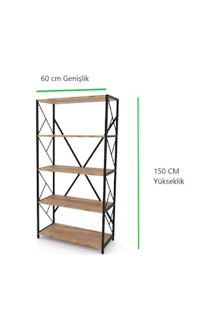 Tuliplife 5 Raflı Dekoratif Koyu Ceviz Metal Kitaplık, Tlpk05s.k