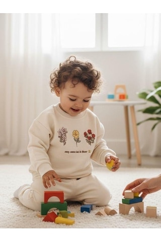 Zekids Kız Bebek Çiçek Desenli Eşofman Takım-16328 Krem