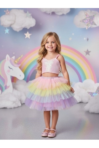 Zekids Kız Çocuk Pullu Crop Tütülü İkili Abiye Takım-17121 Çok Renkli