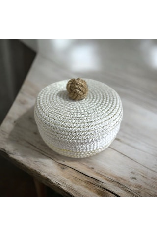 Hasır Sepet, Kapaklı Dekoratif Sepet, Çok Amaçlı Kutu, Ekru Şekerlik Sepeti