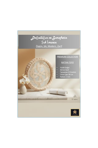 %100 Doğal El Yapımı Çok Amaçlı Dekoratif Şık Rattan Tepsi 38 Cm, 1. Sınıf, Dekoratif