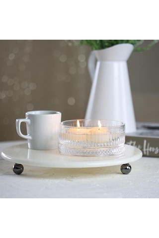 Akayev Mermer 28 CM Füme Boncuk Ayaklı Beyaz Yuvarlak Sunumluk