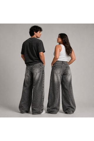 St.poll Eskitme Füme Yıkamalı Unisex Büyük Beden Baggy Jean Pantolon
