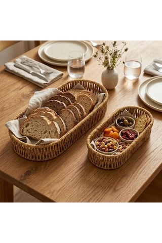 Deinhaus Oval Hasır Örgü Dekoratif Sepet Tepsisi, Doğal Renk, 2'li Set, Büyük 28x10x5 Cm, Küçük 24x9x5 Cm Diğer