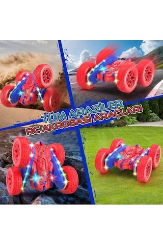 Uzaktan Kumandalı Işıklı Akrobat Araba 360 Derece Takla Atan Duman Püskürten Şarjlı Oyuncak Araba Spiderman