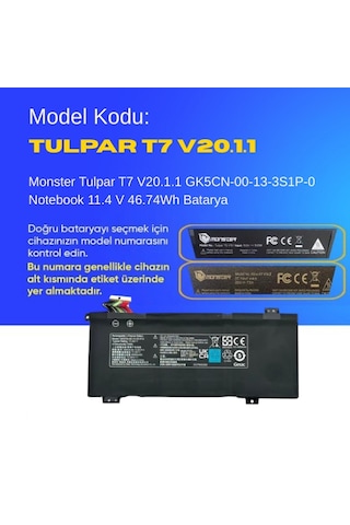 Monster Tulpar T7 V20.1.1 Gk5cn-00-13-3s1p-0 Notebook 11.4 V 46.74wh Batarya Uyumlu, Yüksek Performanslı 60685451