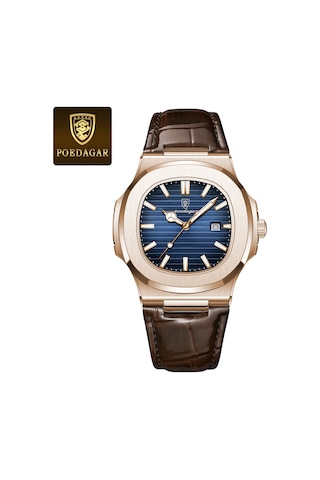 Poedagar 61310 İnce Erkek Saati Su Geçirmez Işıklı Kuvars Saat Gül Altın Mavi Deri Kemer