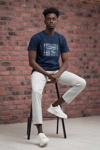 Slim Fit Sıfır Yaka Baskılı Pamuklu T-shirt Lacivert