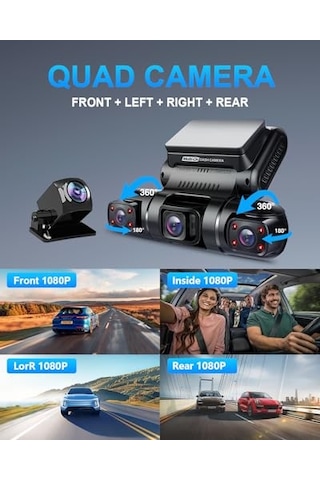 Dash Cam, 4 Kanallı Kamera Fhd 1080px4, Ön, Sol, Sağ Ve Arka, Ön Ve Arka İç, Dahili Gps Wifi, 256 Gb Max,  128 Gb Kart, D90-4ch