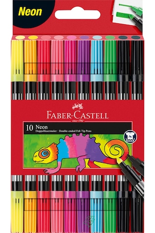 Faber-Castell Çift Uçlu Neon Keçeli Kalem, 10 Renk, İnce ve Kalın Uçlu,Dayanıklı Parlak Renkler,Su Bazlı Mürekkep