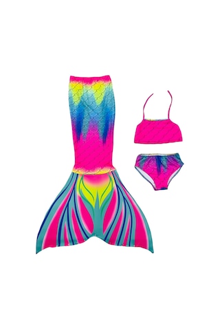Lolliboomkids Kız Çocuk Deniz Kızı Kuyruklu Kostüm Mayo Bikini Takımı 3 Parça Son Moda Gökkuşağı Çok Renkli