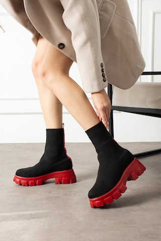 Shoetek Darve Kadın Bot Triko Dokumalı Lacivert Tabanlı Kırmızı Kırmızı