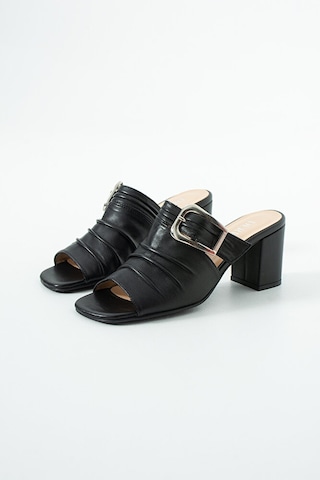 Dericia Shoes Legacy Hakiki Deri Kadın Kalın Topuklu Piliseli Terlik Siyah