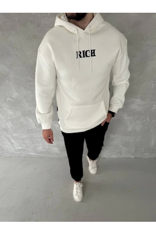 Modi Uzun Kol Kapşonlu Göğüs Baskılı Sweatshirt - Beyaz Açık Kahverengi - Beyaz