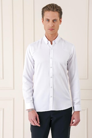 Efor Slim Fit Düğmeli Yaka Dokulu Pamuklu Klasik Beyaz Gömlek Gk 717 Beyaz