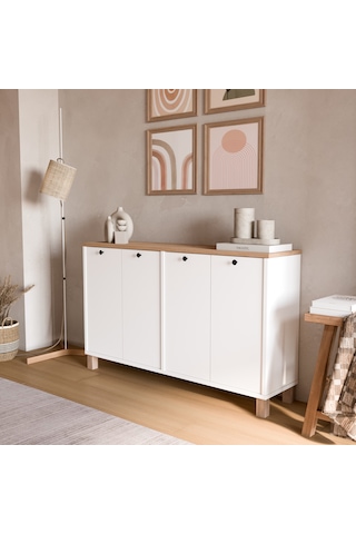 Robin Home Alaska Konsol 4 Kapaklı Ahşap Ayaklı 120cm Sepet-beyaz Beyaz