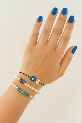 3lü Nazar Boncuklu İncili Boncuklu Asansörlü Lastikli İp Bileklik. Kadın İp Bileklik Halhal Çok Renkli