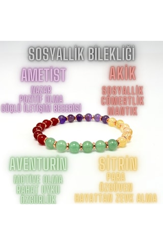 Sertifikalı Sosyallik Bilekliği Doğal Taş 6mm Misinalı Aventurin Sitrin Akik Ametist Çok Renkli