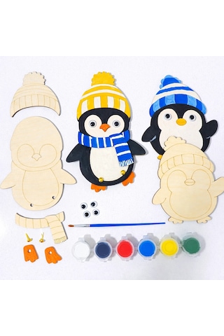 Sevimli Penguenler Ahşap Boyama Etkinlik Seti Eğitici Çocuk Aktivite Fırça Akrilik Boya Kreş Okul