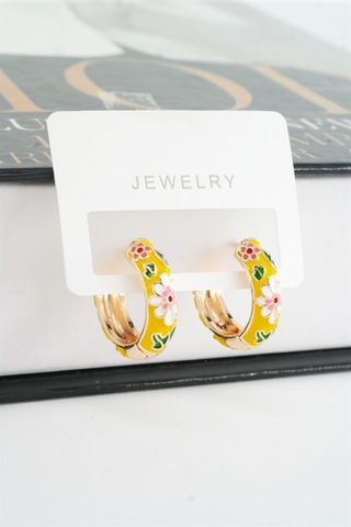 Kadın Özel Seri Mineli Çiçek Motifli Kararmaz 2 Cm Halka Küpe Seti - Sarı