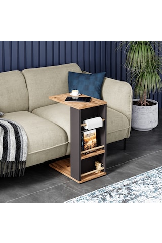 İntergo Tekerlekli Yan Sehpa Rulo Havlu Takılabilir Koltuk Sehpası C Sehpa Zigon Sehpa Atlantik Çam - Antrasit