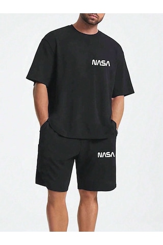Nasa Logo T-shirt Şort - Siyah Alt Üst Kombin Şort Tişört Takım Baskılı Oversize Bisiklet Yaka Siyah