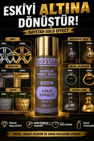 Gold Effect Parlak Altın Akrilik Sprey Boya 400 Ml Metal, Ahşap, Plastik Ve Seramik Uyumlu Çok Renkli