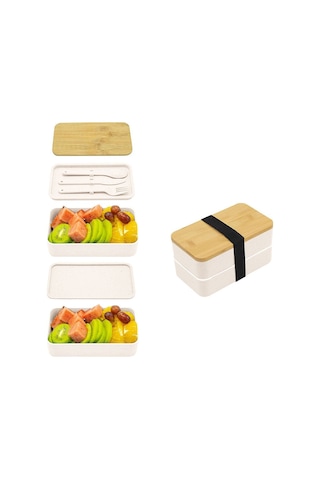 Maiyame Mikrodalga Uyumlu Büyük Kapasiteli Bambu Kapaklı Çift Katlı Yemek Kutusu Pp Malzeme, Taşınabilir Ve Bulaşık Makinesine Uygun Beyaz