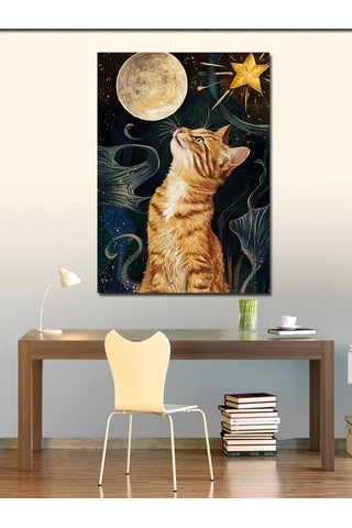 Kanvas Tablo Dolunay Ve Sarı Kedi 100cmx140cm