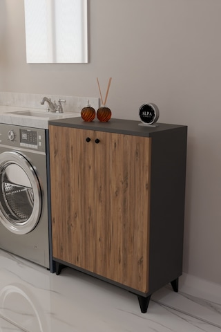 Çok Amaçlı Banyo & Çamaşır Odası Dolabı, Ayarlanabilir Raflı, Kapaklı Modern Banyo Dolabı Antrasit - Atlantik Çam