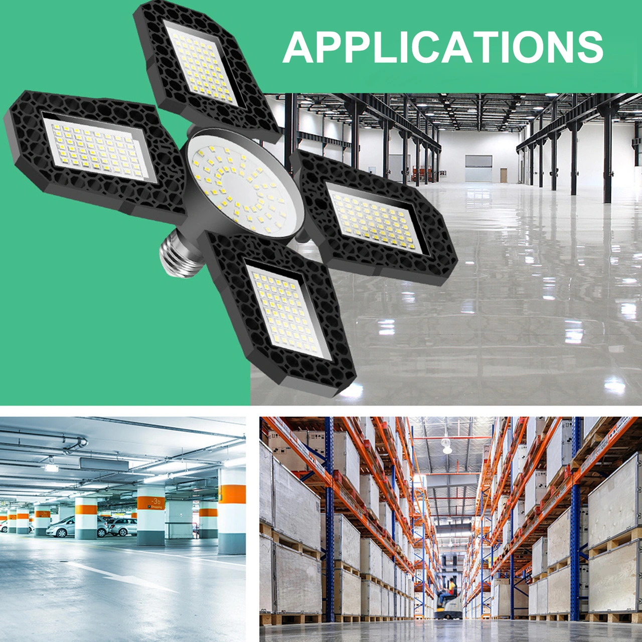 Folinda E27 100w Endüstriyel Led Lambası, Katlanabilir Dört Bladeslı, Su Geçirmez, 6000k Soğuk Beyaz, Garaj Ve Atapark Aydınlatması