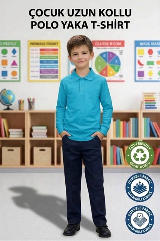 Erdem Kıds Unisex Kız Erkek Çocuk Polo Yaka Pamuklu Uzun Kol Turkuaz Günlük Basic Okul Tişört Turkuaz Mavi Turkuaz Mavi