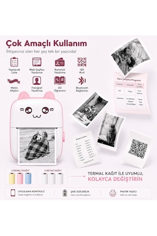 Netum Pembe Mini Yazıcı Mini Taşınabilir Termal Yazıcı Kablosuz Bağlantı 3 Renkli 3beyaz Kağıt