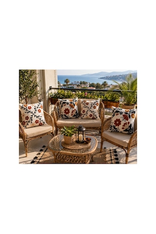 Dijital Baskılı Punch Nakış Görünümlü Çicek Desenli Dekoratif Kırlent Kılıfı 43x43 Cm Fermuarlı 4 Lü Set Bej Bej