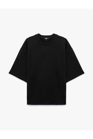 Koton Etiket Detaylı Üç İplik Rahat Kalıp Bisiklet Yaka Kısa Kollu Sweatshirt Siyah 7wam70209mk