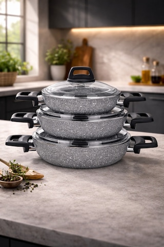 Stone 6 Parça Granit Ezme Cam Kapaklı Sahan Omlet  Seti Gri 18/20/22 Cm Yapışmaz