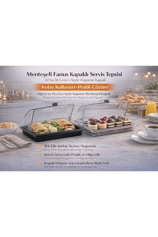 Polikarbon Gn 1/2 Menteşeli Fanus Kapaklı Servis Tepsisi 32.5x26.5 Cm Açılır Kapanır Kapak Şeffaf